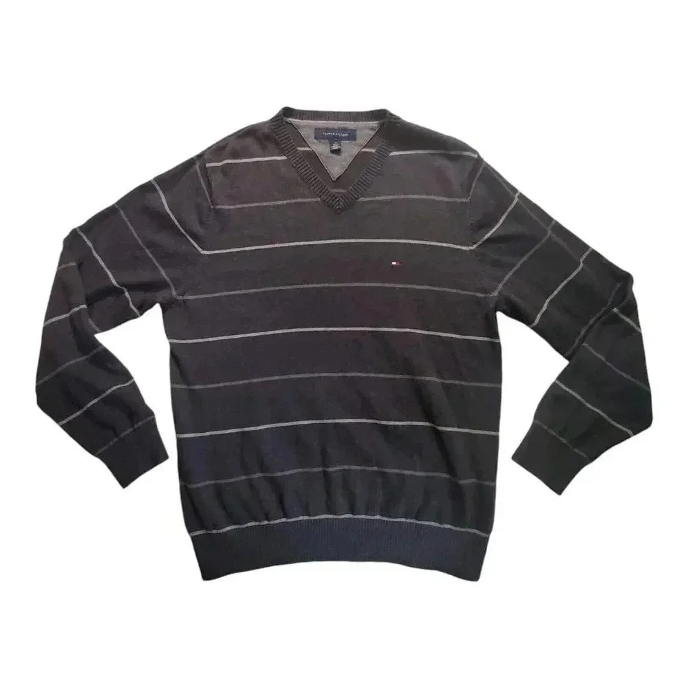 Tommy Hilfiger Mens V Neck Striped Sweater Size Medium Gray Long Sleeve Casual